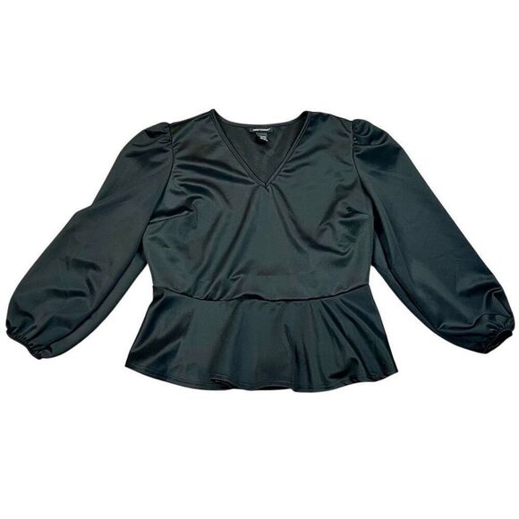 Ashley Stewart Black V-neck Peplum Puff Long Sleeve Blouse 22/24 - Picture 1 of 7